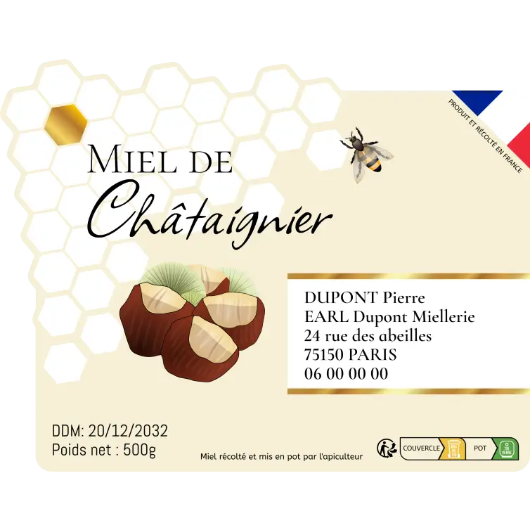 Étiquette personnalisée pour miel de châtaignier, design hexagonal et châtaignes