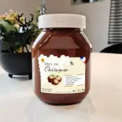 Étiquette personnalisée pour miel de châtaignier, design hexagonal et châtaignes