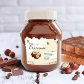 Étiquette personnalisée pour miel de châtaignier, design hexagonal et châtaignes