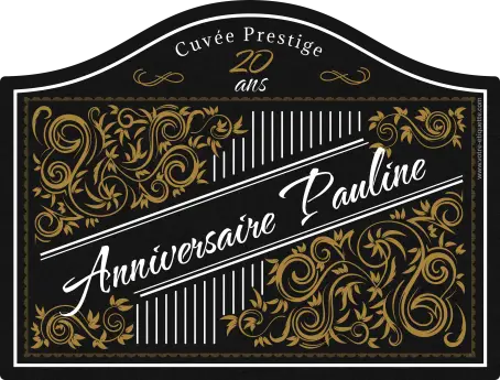 Étiquette personnalisée anniversaire, motif doré baroque sur noir mat