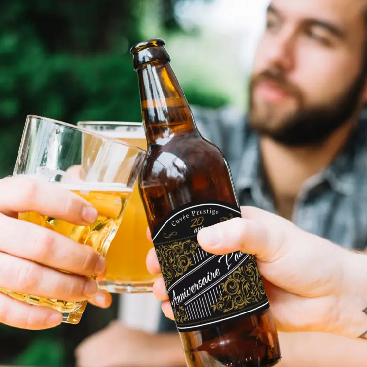 Custom birthday label, gold baroque on matte black