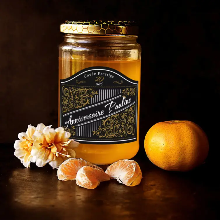 Custom birthday label, gold baroque on matte black