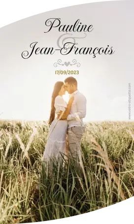 Étiquette personnalisée mariage, photo champêtre, finition ultra brillante