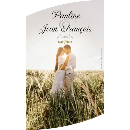 Étiquette personnalisée mariage, photo champêtre, finition ultra brillante