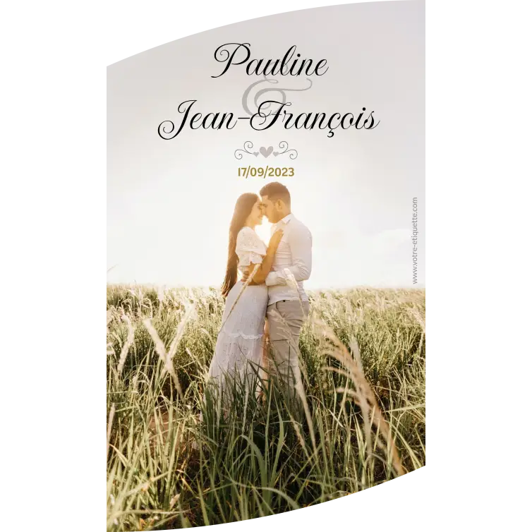 Étiquette personnalisée mariage, photo champêtre, finition ultra brillante