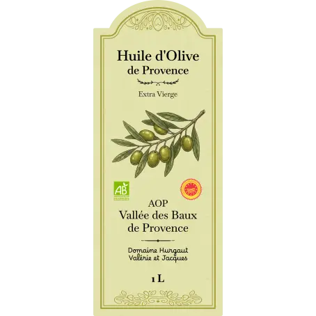 Étiquette huile d’olive grand format sur papier recyclé