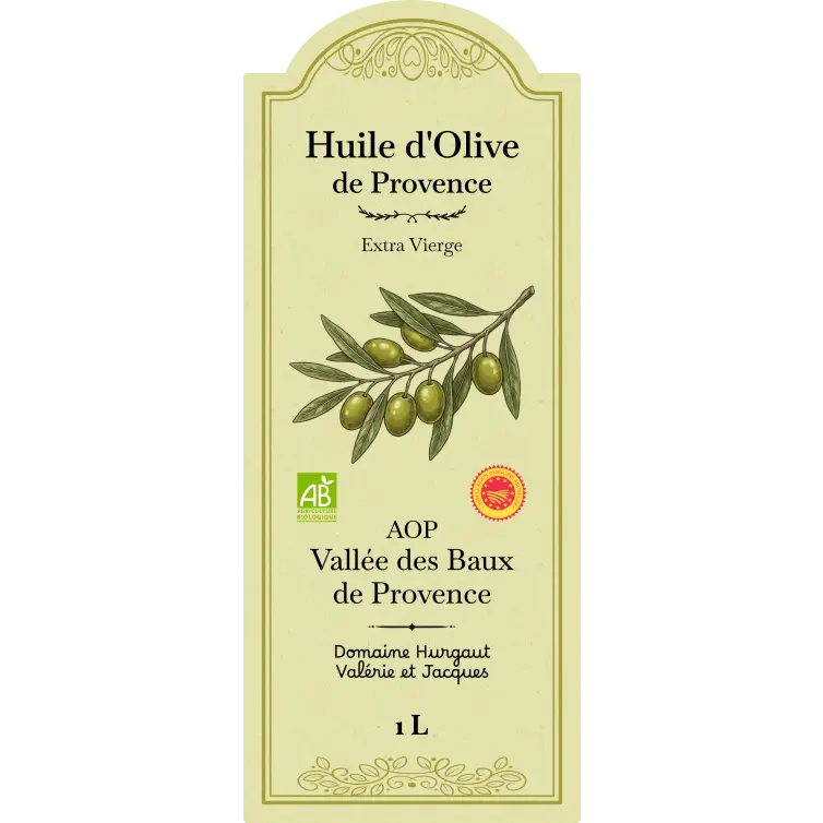 Étiquette huile d’olive grand format sur papier recyclé