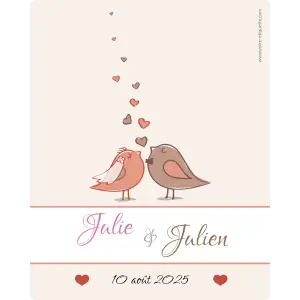 Ofrezca un toque de emoción y elegancia a sus botellas de boda gracias a esta etiqueta adhesiva personalizada de dos pájaros enamorados