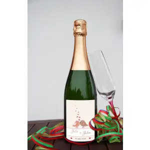 personalized wedding label with love birds – romantic and tender for champagne bottles