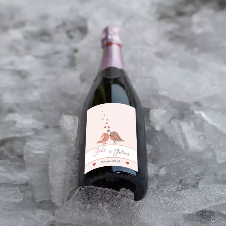 Étiquette personnalisée de mariage avec oiseaux – Romantique et tendre pour bouteille de champagne