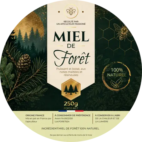 Étiquette personnalisée miel de forêt, format rond 75 mm