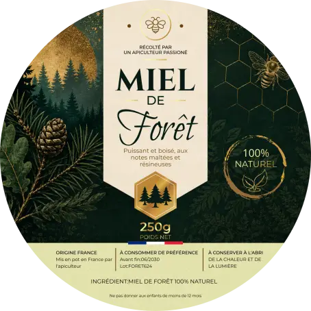 Étiquette personnalisée miel de forêt, format rond 75 mm