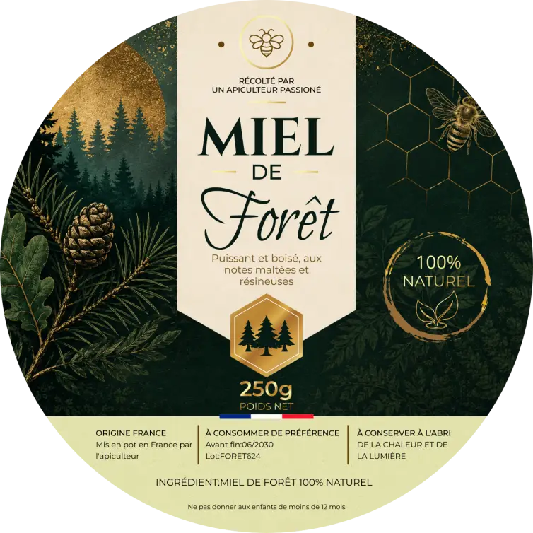 Étiquette personnalisée miel de forêt, format rond 75 mm