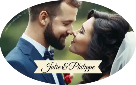 Personalized wedding label with couple's photo – elegant oval format
