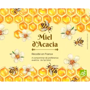 étiquette personnalisée pour pot de miel – design floral avec abeilles et alvéoles