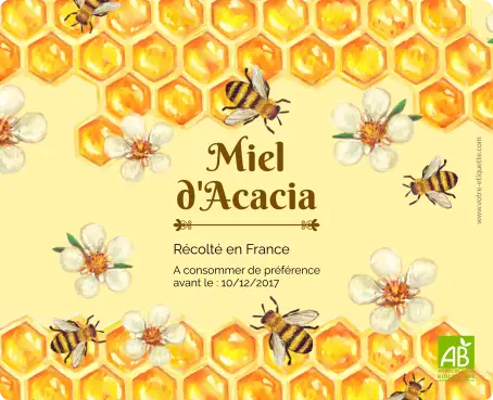 Étiquette personnalisée pour pot de miel – design floral avec abeilles et alvéoles