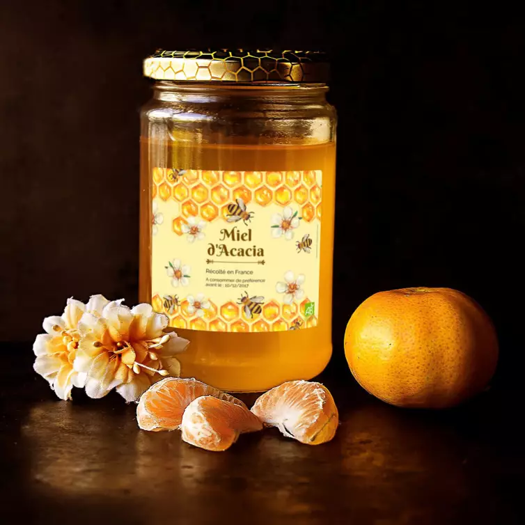 Étiquette personnalisée pour pot de miel – Design floral avec abeilles et alvéoles