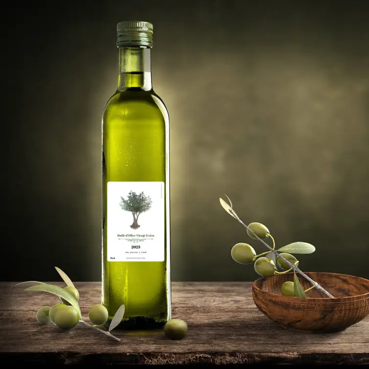 Étiquette personnalisée huile d’olive vierge extra – design naturel et élégant pour petits producteurs