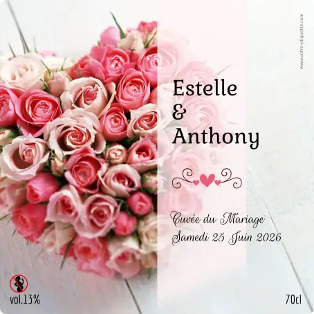 Étiquette personnalisée mariage estelle & anthony – design romantique avec bouquet en cœur