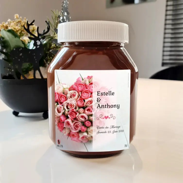 Étiquette personnalisée mariage Estelle & Anthony – design romantique avec bouquet en cœur