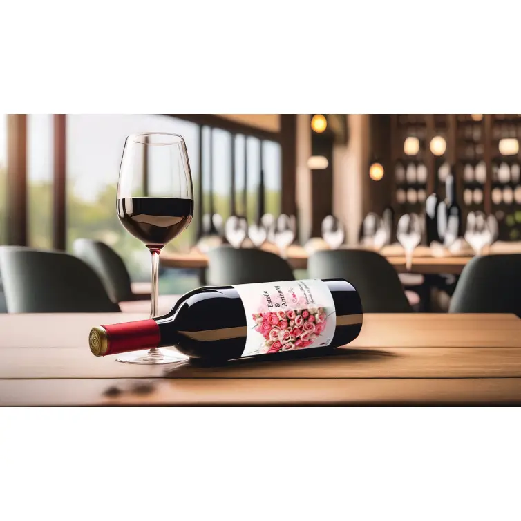 Étiquette personnalisée mariage Estelle & Anthony – design romantique avec bouquet en cœur