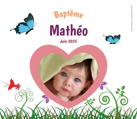Étiquette autocollante personnalisée pour baptême avec photo nature et papillons