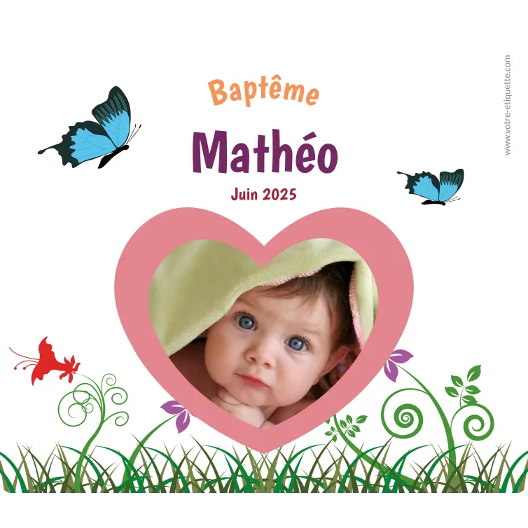 Étiquette autocollante personnalisée pour baptême avec photo nature et papillons