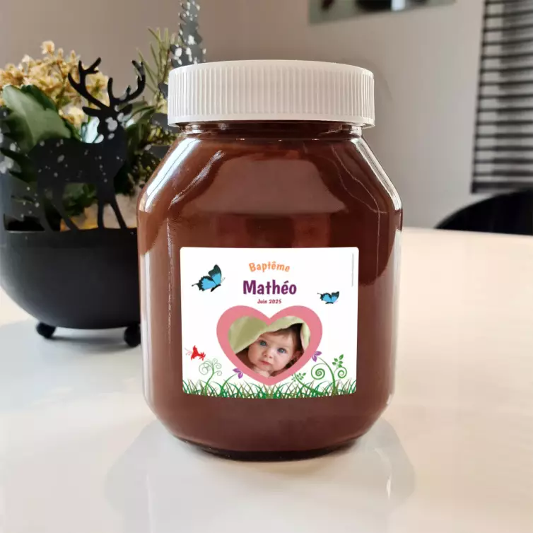 Étiquette autocollante personnalisée pour baptême avec photo nature et papillons
