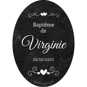 étiquette personnalisée baptême élégante avec fond noir et écriture blanche