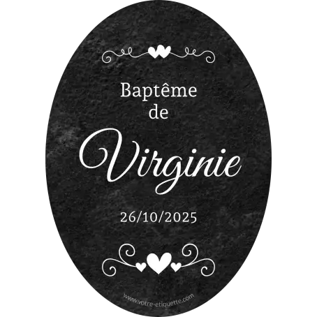 Étiquette personnalisée baptême élégante avec fond noir et écriture blanche