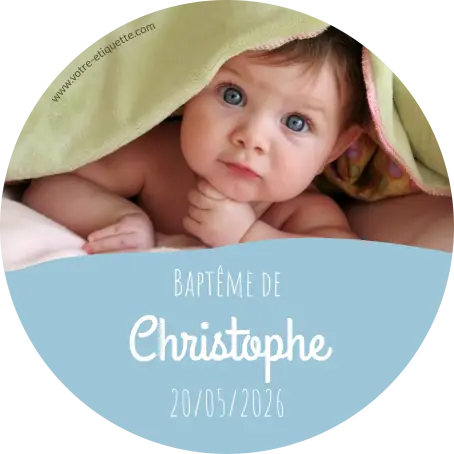 Étiquette personnalisée avec photo pour baptême garçon