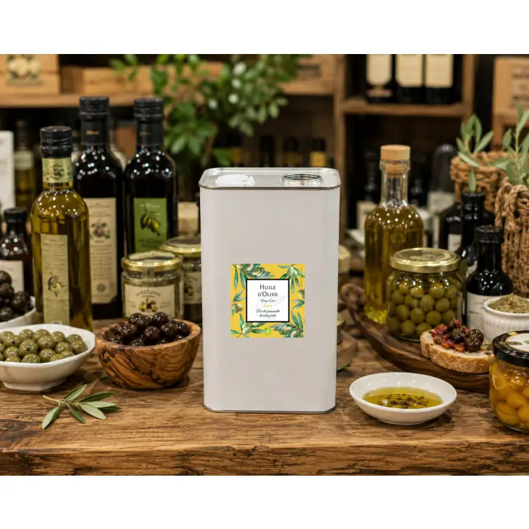Étiquette personnalisée sur-mesure pour bidon d'huile d'olive