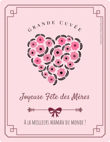 Étiquette personnalisée fête des mères avec cœur floral rose