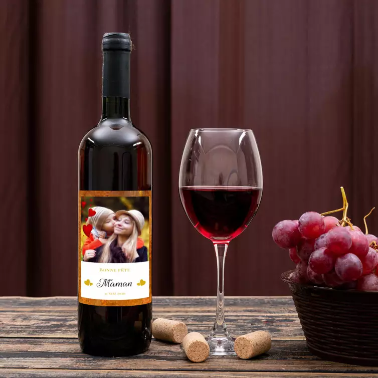 Étiquette personnalisée Bonne fête maman avec photo et cœurs dorés