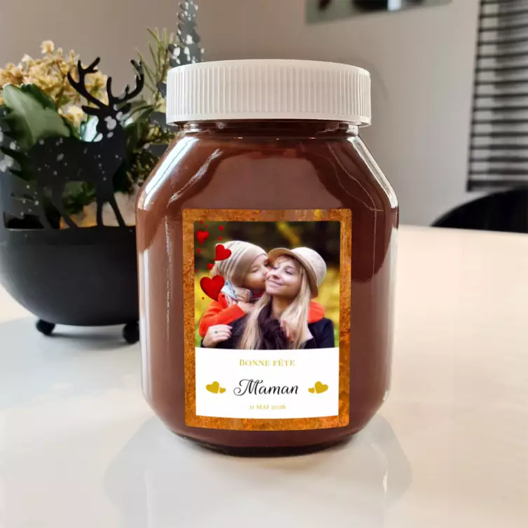 Étiquette personnalisée Bonne fête maman avec photo et cœurs dorés