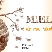 Étiquette personnalisée pour pot de miel avec illustration ruche et abeilles