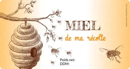 Étiquette personnalisée pour pot de miel avec illustration ruche et abeilles