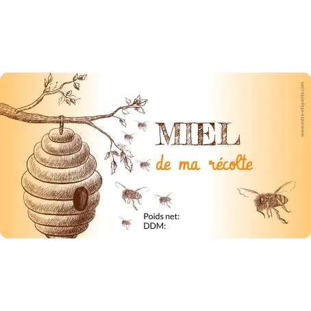 Étiquette personnalisée pour pot de miel avec illustration ruche et abeilles