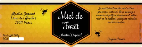 Étiquette personnalisée pour miel de forêt avec design artisanal et informations légales