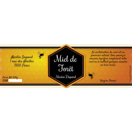 Étiquette personnalisée pour miel de forêt avec design artisanal et informations légales