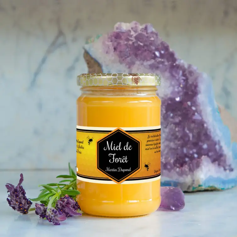 Custom label for forest honey with artisanal design and legal information