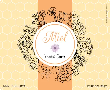 Étiquette personnalisée pour miel toutes fleurs avec design floral élégant