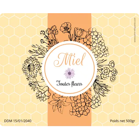Étiquette personnalisée pour miel toutes fleurs avec design floral élégant