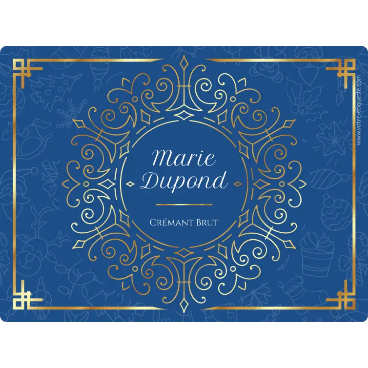 Custom sparkling wine label in blue and gold design