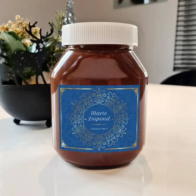 Custom sparkling wine label in blue and gold design