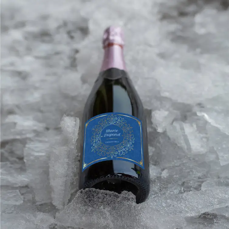 Custom sparkling wine label in blue and gold design