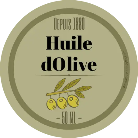 Étiquette ronde personnalisée pour huile d’olive – design vintage avec illustration d’olives