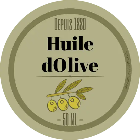 Étiquette ronde personnalisée pour huile d’olive – design vintage avec illustration d’olives