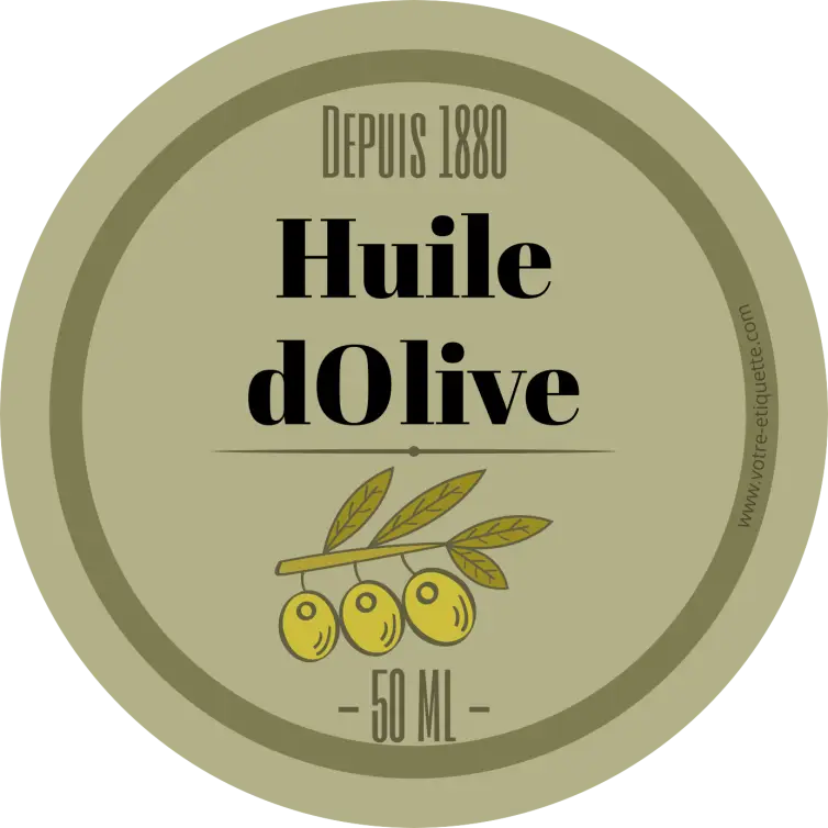 Étiquette ronde personnalisée pour huile d’olive – Design vintage avec illustration d’olives