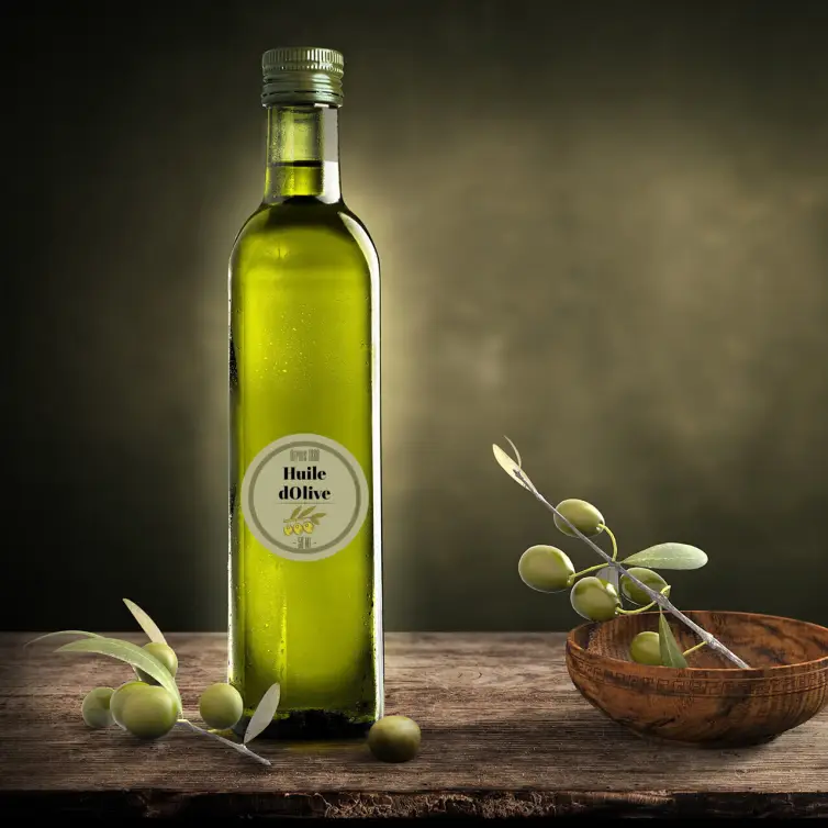 Étiquette ronde personnalisée pour huile d’olive – Design vintage avec illustration d’olives